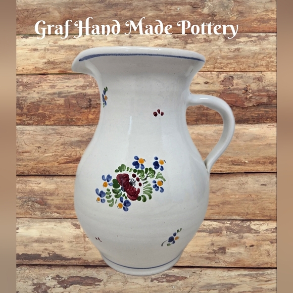 Graf Handmade Pottery Vase Pitcher Hand Painted White & Delicate Flowers Floral - Picture 1 of 11